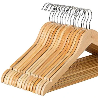 Image of 1ABOVE Strong Brown Wooden Made By Natural Wood and Non Slip Trouser bar Coat Hangers Shoulder Notches (Pack Of 40)