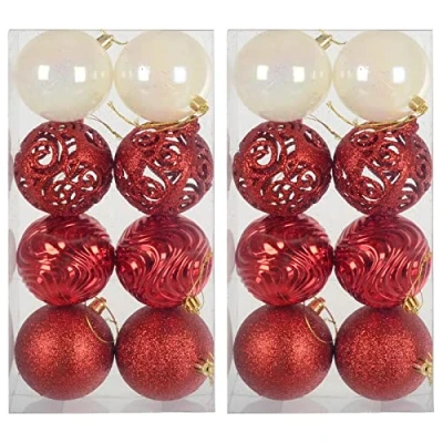 Image of Pack of 16 Christmas Tree Baubles Mixed Design Decorations 8cm Red
