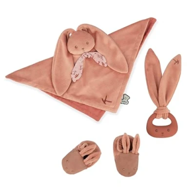 Image of Kaloo Lapinoo Newborn Gift Set Terracotta Colour 3 Baby Accessories Baby’s Comforter + Teething Ring Booties 11 cm 0 Months +, K218012
