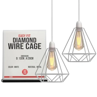 Image of 2 Pack White Cage Metal Basket Ceiling Light Shade, Fitting &amp; Industrial Style Ring for Indoor Pendant Shade with lamp Reducer (2 White)