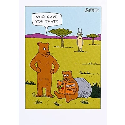 Image of Paperlink Humorous Open Blank/Birthday Card from the Bestie Range Bear Reading Vegan Weekly for Him/Her
