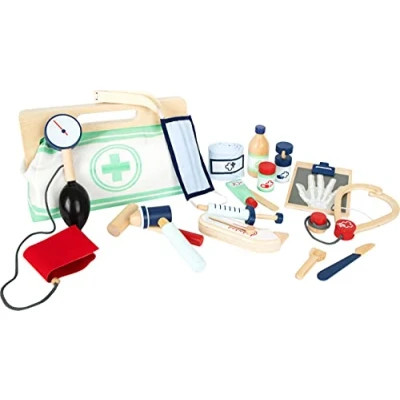 Image of small foot 11916 Doctor&#039;s Bag with Wooden Accessories e.g. Blood Pressure Gauge and Syringe, for Kids Aged 3+ Years Toys, Multicolor