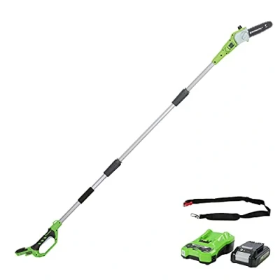 Image of Greenworks G24PS20K2 Cordless long reach Pole Saw (Great for Pruning and Trimming Branches), 8 Inch (20cm) Bar Length, 6.7m/s Chain Speed, light weight, 2.6m Reach, 24V 2Ah Battery &amp; Charger