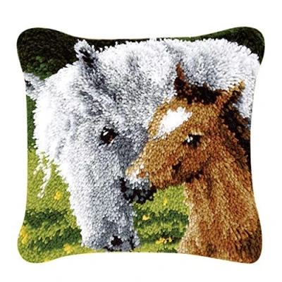 Image of Hellery DIY Latch Hook Kit Rug Making Crafts for Kids/Adults 17 inch X Animals Cushion Kits with Printed Canvas Horse