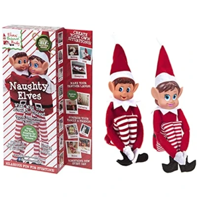 Image of Set of 2 12&quot; Novelty Naughty Girl and Boy Elves Toy Behavin&#039; Badly