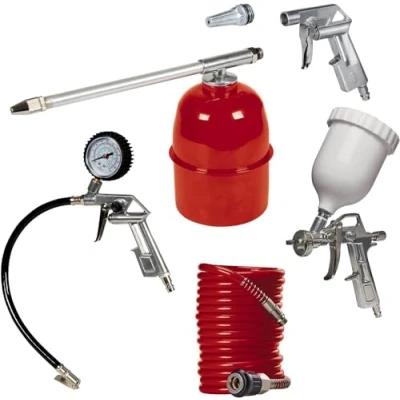 Image of Einhell Metal Air Tool Accessory Set 5 Pc Compressor Tools With Quick Coupling Airbrush Kit, Spray Gun, Blow Out 4M Compressed Hose, Tyre Pressure Gauge And Inflator