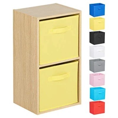 Image of Hartleys 2 Tier Oak Cube Unit Yellow Storage Boxes