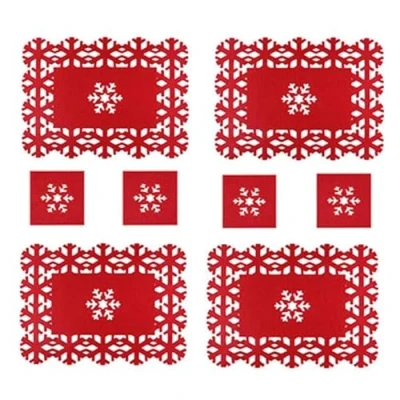 Image of Happium 8 Pieces Red Felt Christmas Snowflake Place Mat and Coaster Set 4 Mats + Coasters, Table Placemats Heat Resistant Xmas Dinner