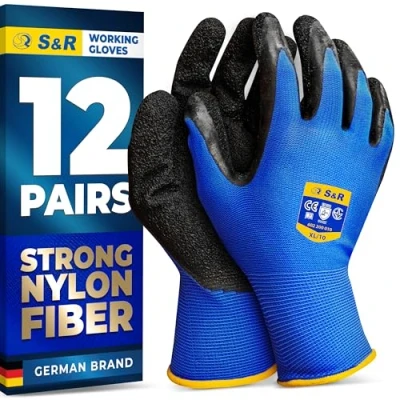 Image of S&amp;R Work Gloves 12 Pairs, Size XL/10, Latex Coated Nylon Protective for Indoor &amp; Outdoor Use