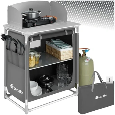 Image of TecTake® Portable Camping Kitchen 2 Shelves, 3 External Pockets, Heat Resistant Worktop, &amp; Zipped Door Cupboard Outdoor Storage Cabinet Compact, Lightweight Includes Carry Bag Grey
