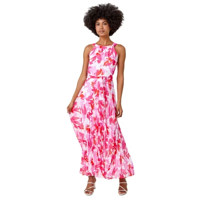 Image of Roman Originals Halterneck Pleated Dress for Women UK Ladies Maxi Midi Sleeveless Formal Wedding Guest Bridemaids Cocktail Party Special Occasion Ascot Races Going Out Evening Pink White Size 18