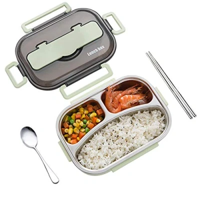 Image of amropi Bento Box Stainless Steel Lunch Containers 2/3/4/5 Compartment Food Storage with Chopsticks and Spoon (Green, 3 Compartment)