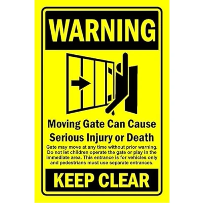 Image of Warning moving gate danger of death keep clear safety sign Self adhesive sticker (200mm x 150mm)