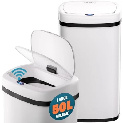 Image of Monzana® Kitchen Bin with Sensor 50L Garbage Recycle Rubbish Waste Trash Can Stainless Steel Electric Lid Battery or USB Power LED Display White