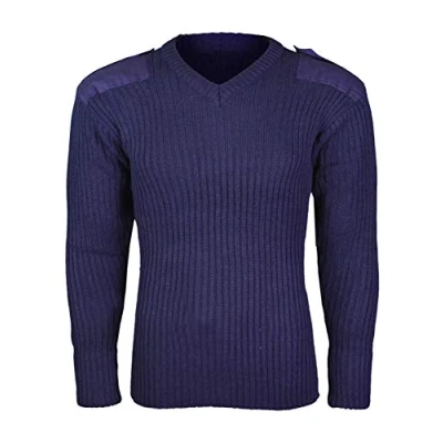 Image of Mens Seciurity Jumper Army Military Knitted V Neck Jumpers with Shoulder Eqaulettes and Elbow Patches (3X Large, Navy)