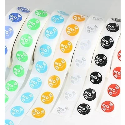 Image of 14 X NFC Tags NXP Chip NTAG213 144 Bytes Memory 7 colours round self adhesive labels High Scan Strength with Ultra Slim Design Strong Glue