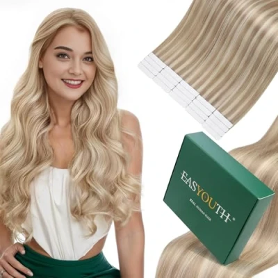 Image of Easyouth Human Hair Tape in Extensions Highlight Blonde Real Ash Mixed Bleach ins 16 Inch 40g 20Pcs