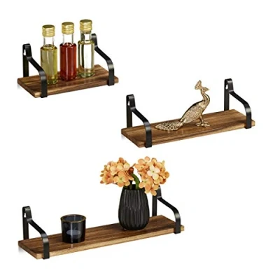 Image of Floating Shelf, Set of 3, Wall Rack, Wood &amp; Metal, Bedroom, Living Room, Decoration, 23, 33, 43 cm, Natural Relaxdays