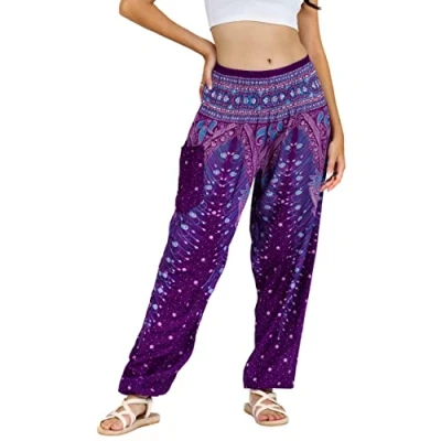 Image of Lofbaz Harem Pants for Women Yoga Boho Hippie Clothing Womens Palazzo Bohemian Pajama Trousers Beach Indian Gypsy Genie Clothes Peacock 1 Purple B XL
