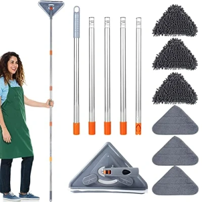 Image of Triangle Cleaning Mop Adjustable Extendable 85inch Long Handle Wall Microfiber Dry and Wet Dust Retractable Ceiling with 6 Cloth for Floor Window Car (B)
