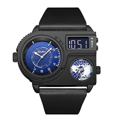 Image of JewelryWe Military Three Time Zone Watch for Men Big Analog Digital Dual Display Dial Quartz Cool Casual Leather Wristwatch