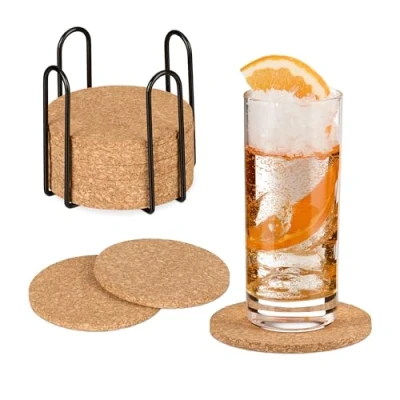 Image of Relaxdays Cork Coasters, Set of 16, 10 cm, with Holder, for Coffee Table, Glasses &amp; Mugs, Hot Drinks Mats, Natural, Iron