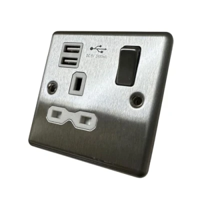 Image of KnightsBridge 13A 1G Switched Socket Dual USB Charger Slots with White Insert Rounded Edge Brushed Chrome