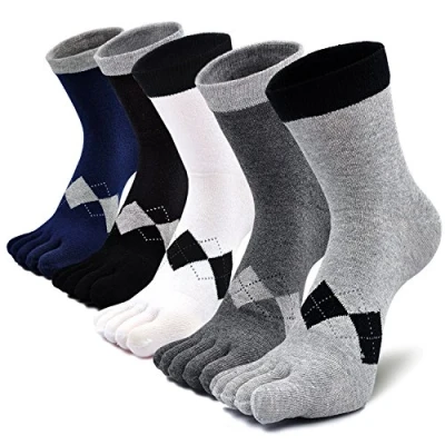 Image of PUTUO Mens Running Toe Socks: Five Finger Socks Men Crew Sport Cotton Stripe Pattern 4 Pairs