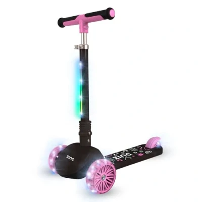 Image of Zinc Kids 3 Wheel T motion Shine Scooter Pink, Light Up Led Flashing Wheels and Stem, Height Adjustable, Folding, Non Slip Grips, Boys &amp; Girls, Lean To Steer, Great Gift Idea, 3+