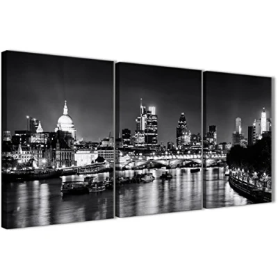 Image of Wallfillers 3 Piece River Thames London Skyline Cityscape Canvas Wall Art 3430 Black White Grey 126cm Set of Prints