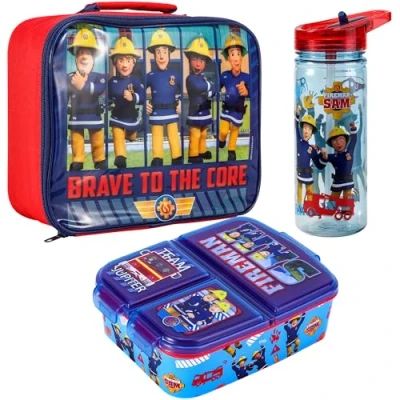Image of Zawadi Global Fireman Sam Kids Childrens Lunch Box Set Insulated Bag, Multicompartment &amp; 580ml Water Bottle School Travel Food Set, BPA Free