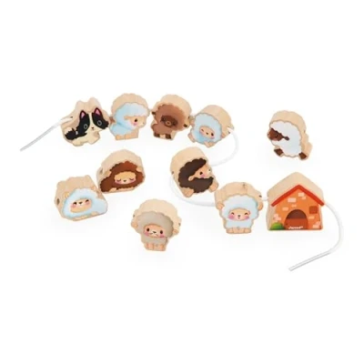 Image of Janod Threading Beads Sheep Theme Early Learning Toy 11 Wooden + 2 Cords for Kids Develops Dexterity FSC Wood 24 Months +, J03312