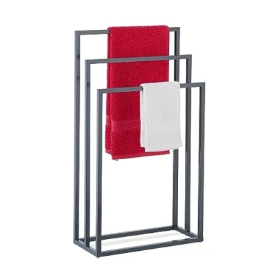 Image of Relaxdays Towel, 3 Bars, Steel Rails, Free Standing Shower Rack for Bathroom, HWD: 83 x 46 21 cm, Anthracite