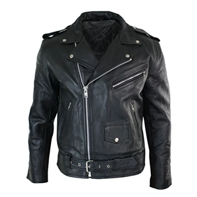 Image of Mens Cow Hide Original Cross Zip Brando Biker Motorcycle Real Leather Jacket Black