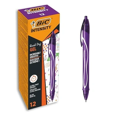Image of BIC Gel ocity Quick Dry Pens, Medium Point (0.7 mm), Purple, Box of 12, Retractable Pen with Ultra Fast Drying Ink
