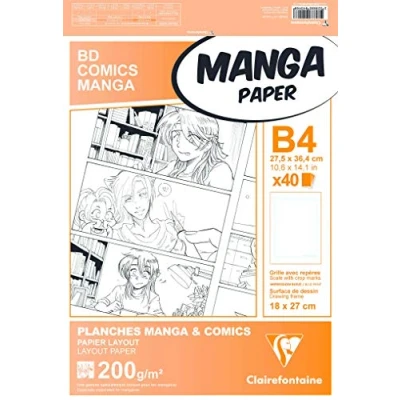 Image of Clairefontaine Ref 94046C Manga Multi Technique Paper With Simple Frame (40 Sheets) B4 (27.5x37.4cm) Size, 200gsm Paper, White &amp; Smooth, Ideal for Markers, Bleedproof