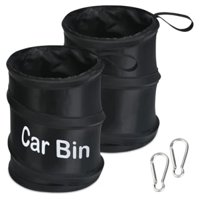 Image of URAQT Car Bin, 2pcs Black Portable Collapsible Pop up Bag, Universal Leak Proof Traveling Rubbish Compact Mini Trash Can, Used for Garbage Storage and Collection