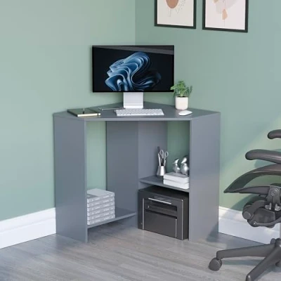 Image of Vida Designs Hetton Corner Computer Desk with Shelves, Home Office PC/Laptop Table, Gaming Study Workstation, Furniture, Grey