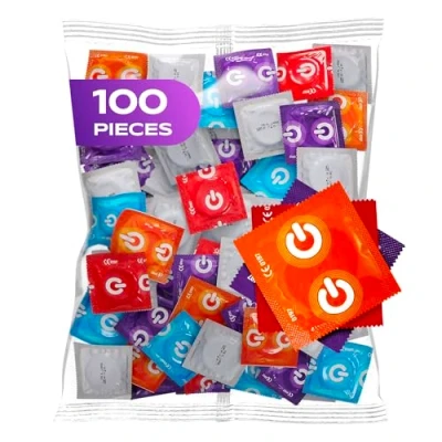 Image of ON Condom Mix I 100 Units Premium Condoms 7 Types and Sizes with 54 mm Width 20x Extra Thin, Natural Textured 10x Strong, Strawberry, Banana, Chocolate Scent.