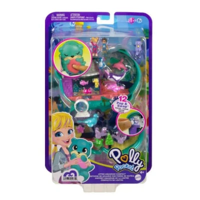 Image of Polly Pocket Otter Aquarium Compact, Toy Surprises, 12 Pop and Swap Accessories, 2 Dolls, Toys for Ages 4 Up, One Playset, HCG16