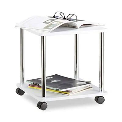 Image of Relaxdays Wooden Side Table, Multipurpose Cart on 4 Castors, Small Coffee Table &amp; Kitchen Trolley, Square, HWD: 41.5 x 40 cm, White