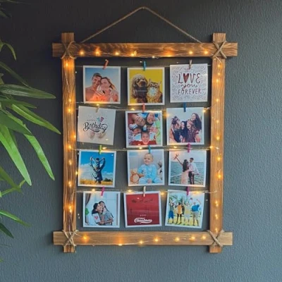 Image of Pixomixo Photo Frame Multiple Pictures Wall Hanging Picture Frames with String Lights &amp; Pegs Multi for Personalised Collage Gift (Rectangle 50x60 cm)