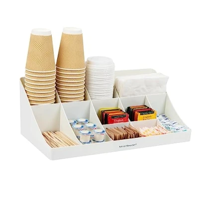 Image of Mind Reader COMORG WHT Station, Coffee Bar 11 Compartment, 2 Tier Cup and Condiment Countertop Organizer, 17.875&quot; L x 9.5&quot; W 6.625&quot; H, Plastic, White
