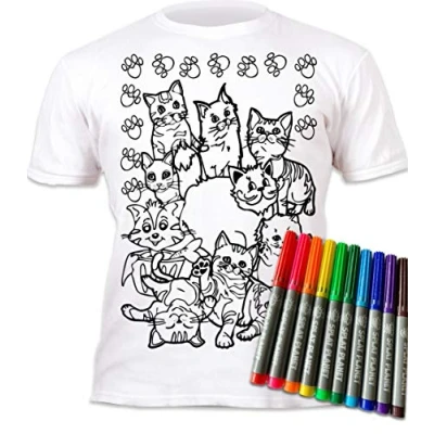 Image of Splat Planet Colour in Cats T Shirt with 10 Non Toxic Washable Magic Pens Your Own, and Wash Out (9 11 Years) White