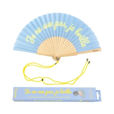 Image of Fisura Original handheld folding Fan with message in french. wooden fan. holding Hand Fans. hanger included (Brille, blue)