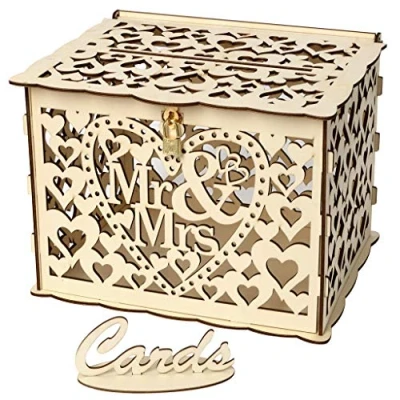 Image of Alnicov Wooden Wedding Card Box,Money Box With Lock Slot,DIY Money for Reception Anniversary Birthday Party Graduation Decoration(Mr &amp; Mrs Large Size)