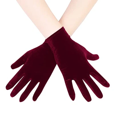 Image of EORUBE Short Opera Velvet Gloves for Women 1920s Flapper Stretchy Wrist Length Banquet Tea Party Halloween Costume (Deep Burgundy)