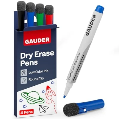 Image of GAUDER Whiteboard Marker Set (4 pens) pens colours) Dry and residue free erasable erase markers with sponge, ideal for whiteboards magnetic boards