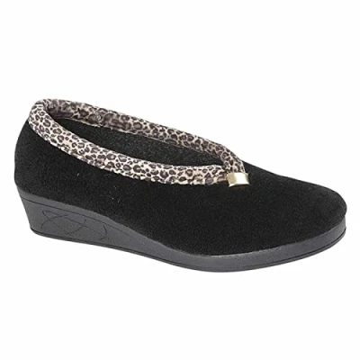 Image of Sleepers Dawn Ladies Velour Full Slippers Black/Ocelot UK 8
