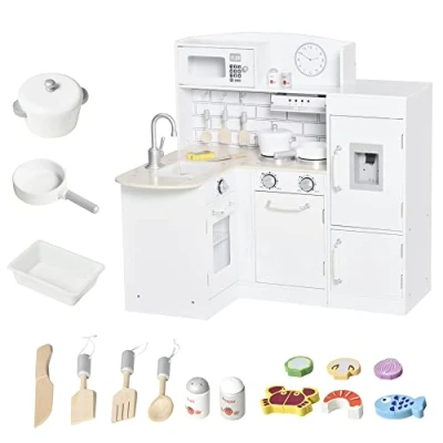 Image of HOMCOM Kids Play Kitchen Wooden Toy Cooking Set for Children with Drinking Fountain, Microwave, and Fridge White